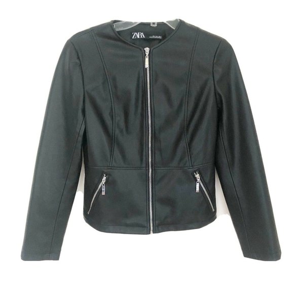 Zara Jackets & Blazers - Zara Black Faux Leather Jacket Collarless Sz Small